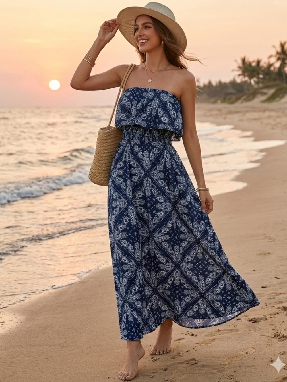 Yidartin Navy Strapless Paisley Maxi Dress - Flowy Summer Style Size S